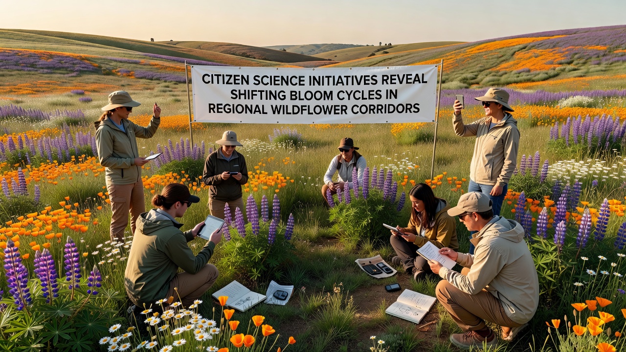 Field team mapping bloom progression across a wildflower corridor with GPS-tagged observations